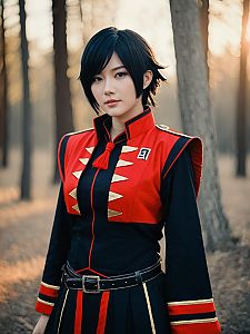 Realistic Guren Costume Cosplay Woman in Forest Setting