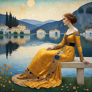 Elegant Woman in Golden Dress by Lakeside