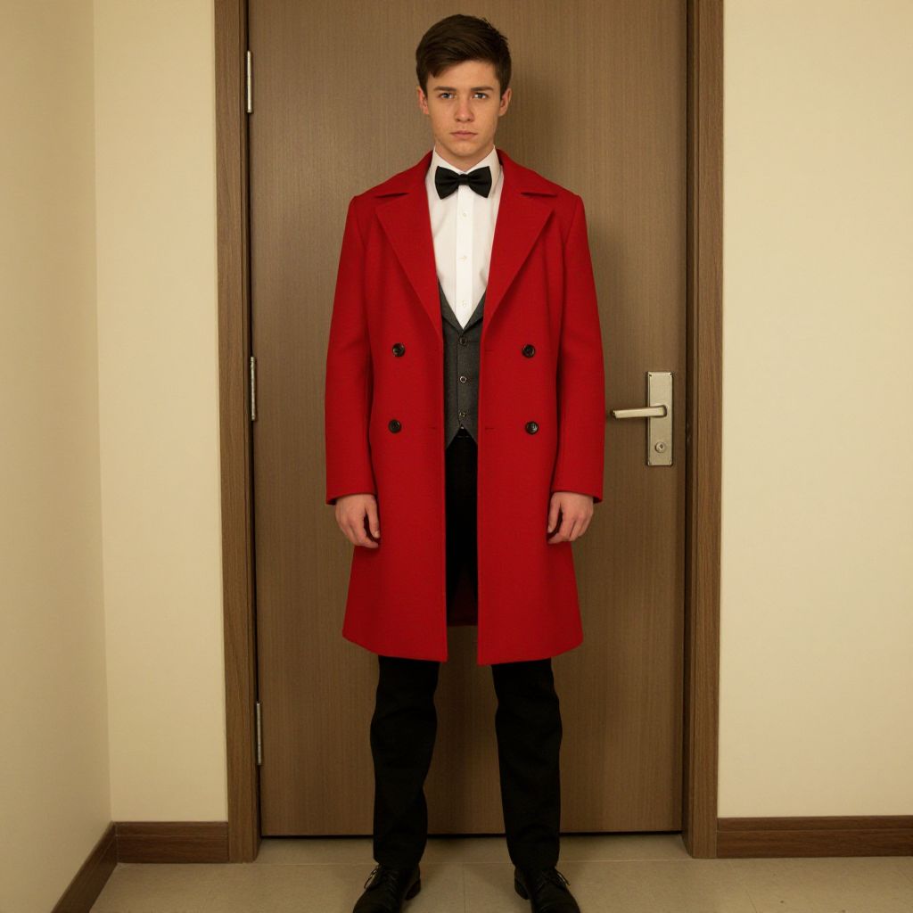 Young Man in Red Overcoat and Tuxedo Standing Indoors