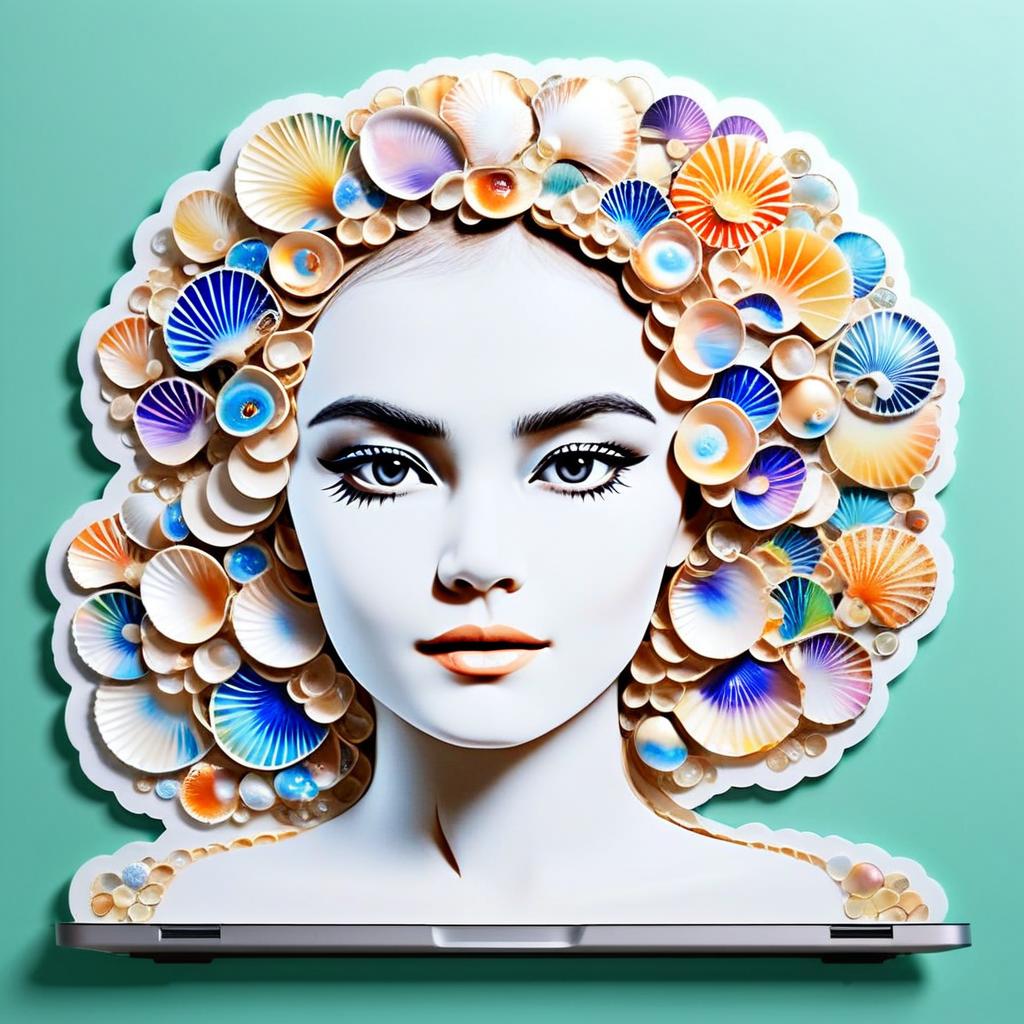 Stylized Woman with Colorful Seashell Headdress Digital Art