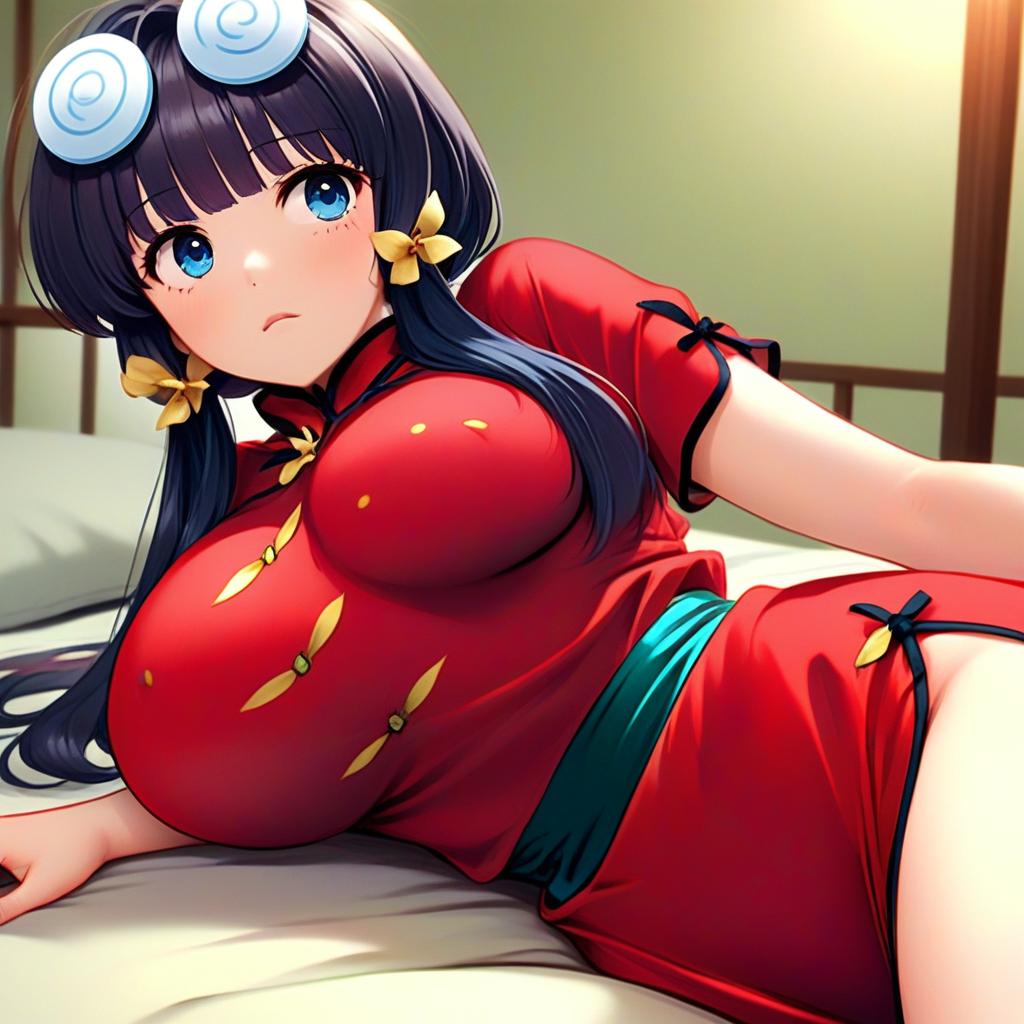 Anime Woman in Red Chinese Dress with Blue Eyes and Hairpins