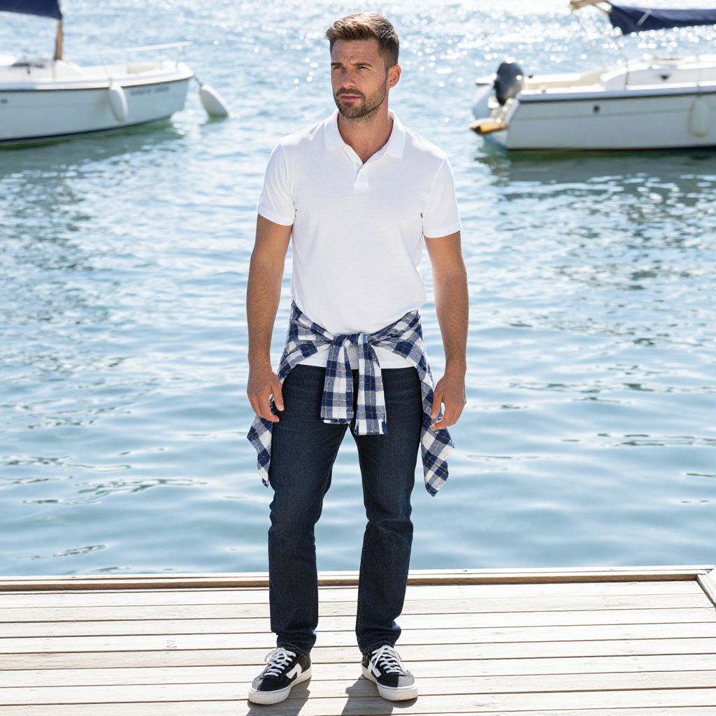Casual Man Standing on Dock Near Water in Polo and Plaid Shirt