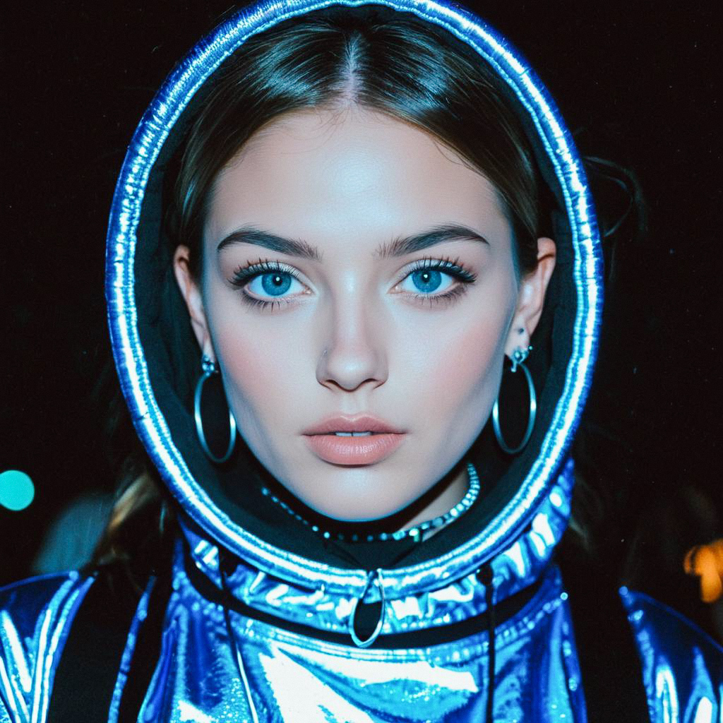 Close-up of Woman in Iridescent Blue Rave Costume