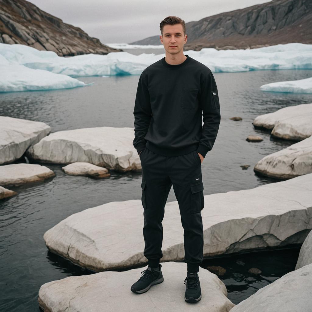 Confident Man on Rocky Terrain with Icebergs