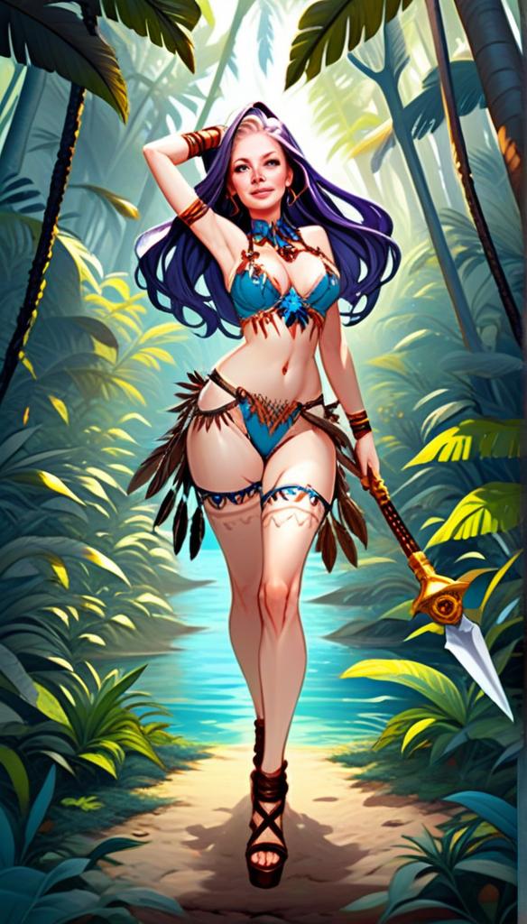 Fantasy Warrior Woman in Tribal Outfit Walking in Tropical Jungle