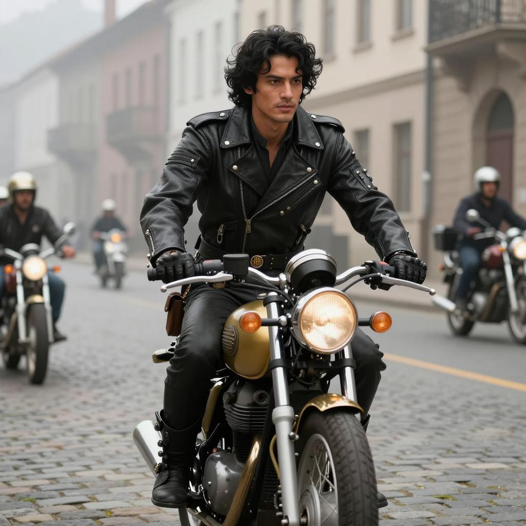 Man Riding Vintage Motorcycle in Black Leather Jacket on Cobblestone Street