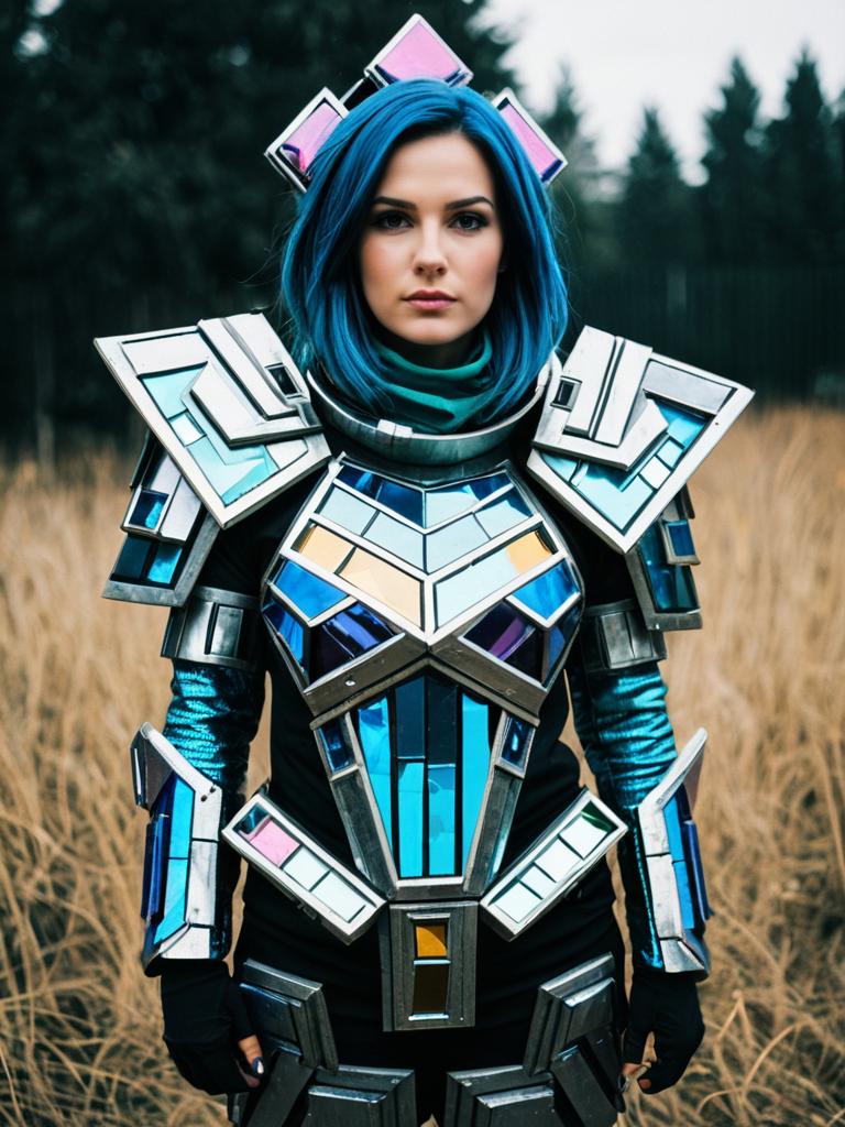 Woman in Futuristic Bismuth Cosplay Armor with Blue Hair