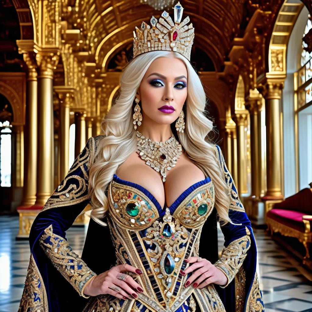 Regal Woman in Royal Blue Gown in Opulent Hall