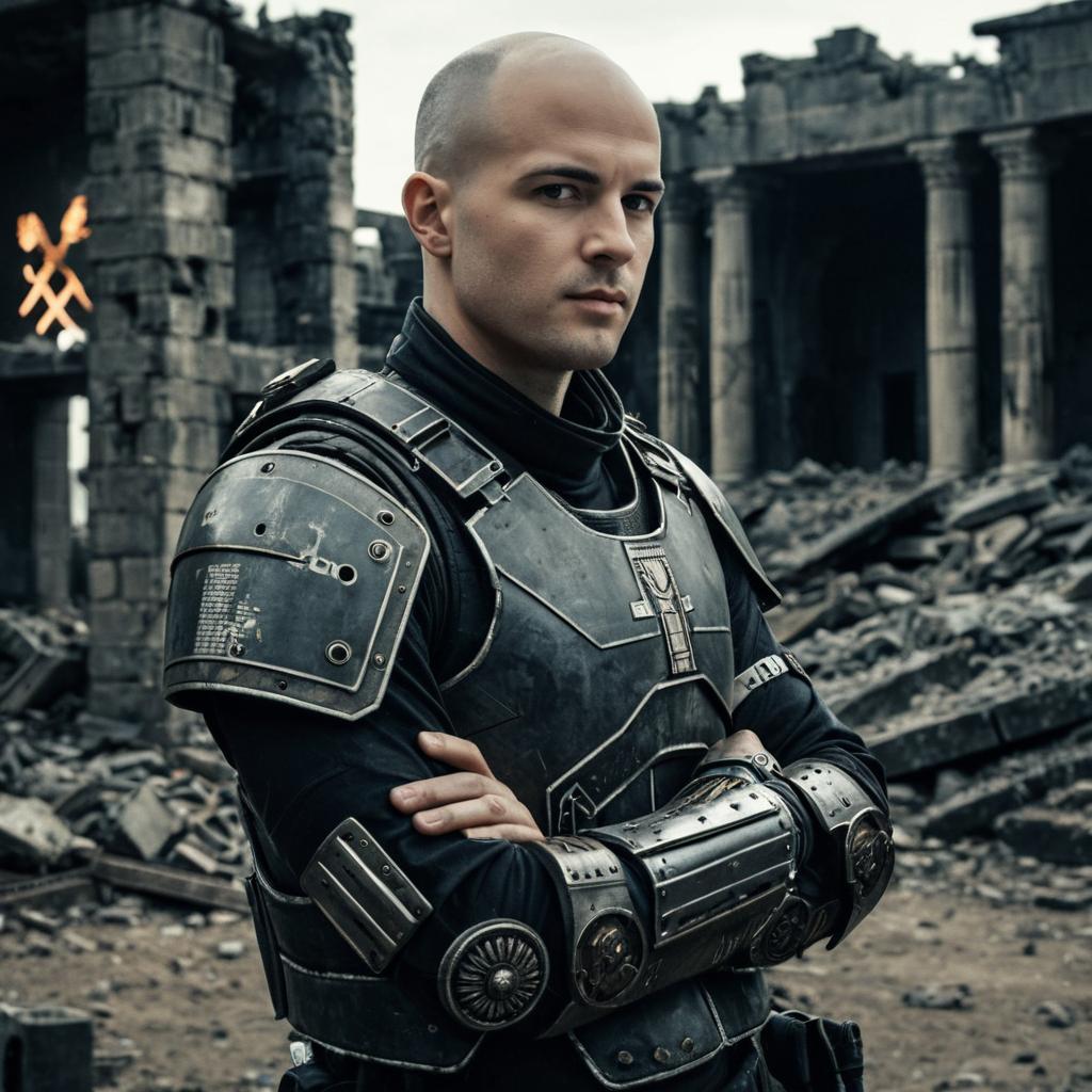 Man in Futuristic Medieval Armor Standing in Ruined Stone Fortress