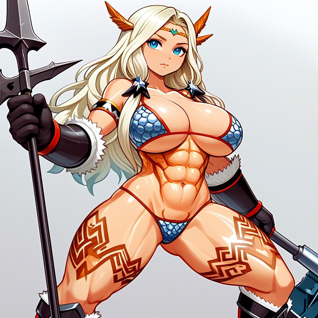 Muscular Anime Woman Warrior with Spear and Tribal Tattoos