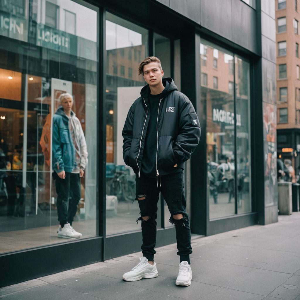 Confident Young Man in Hoodie on City Street