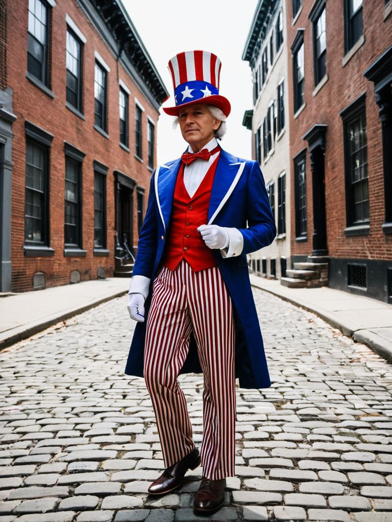 Patriotic Man in Colorful Costume on Cobblestone Street