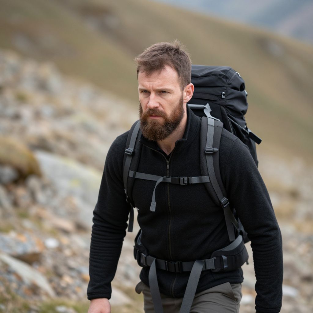 Bearded Man Hiking with Backpack in Mountainous Terrain