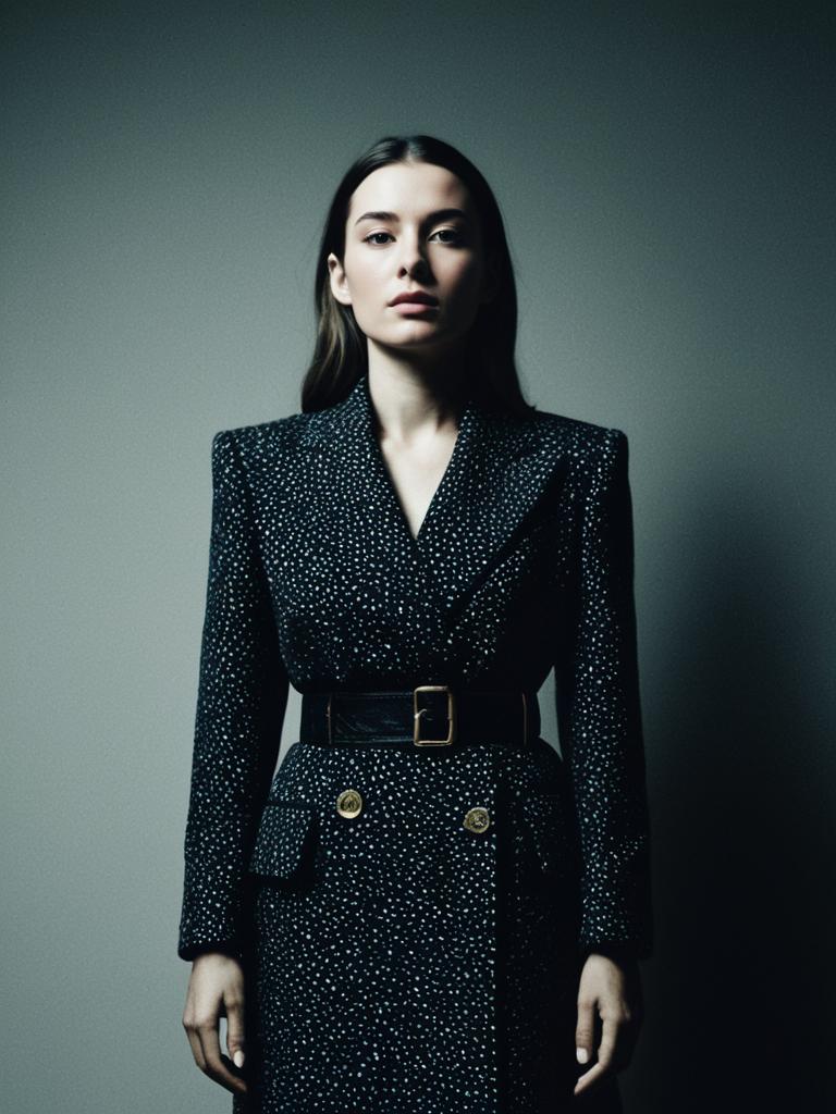 Photorealistic Fashion Portrait of Woman in Designer Speckled Coat Dress