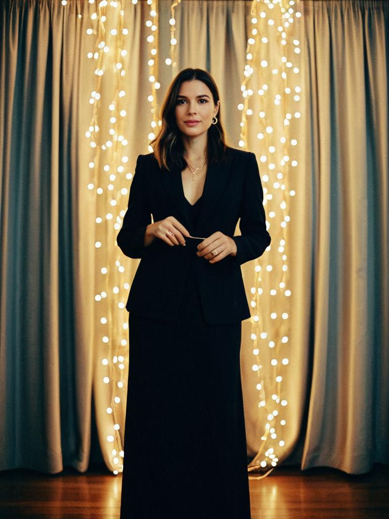 Elegant Woman in Black Blazer and Skirt with Warm Fairy Lights Background