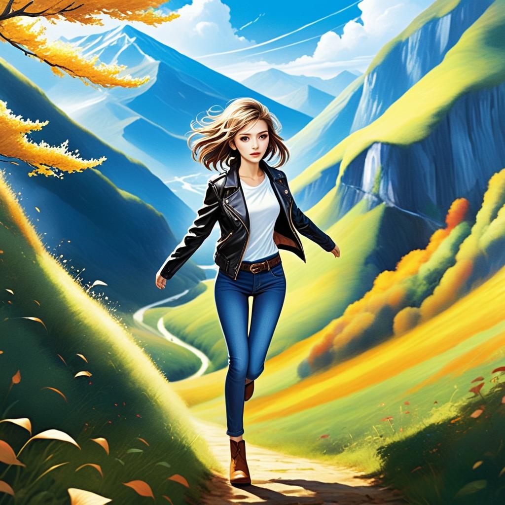 Young Woman on Mountain Path in Autumn