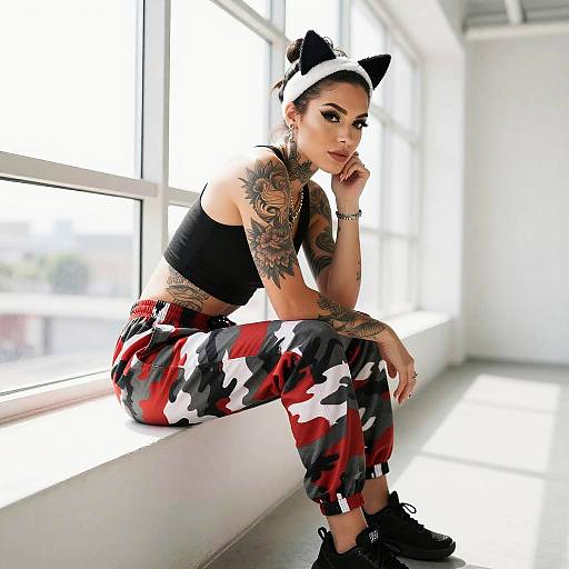Trendy Woman with Cat Ears and Camouflage Pants Sitting by Window