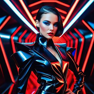 Confident Woman in Futuristic Corridor with Neon Lights