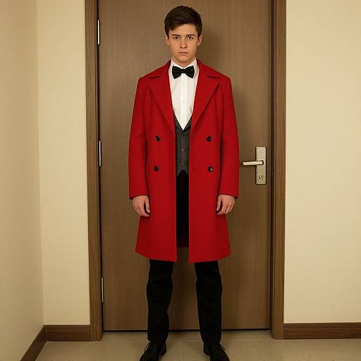 Young Man in Red Overcoat and Tuxedo Standing Indoors