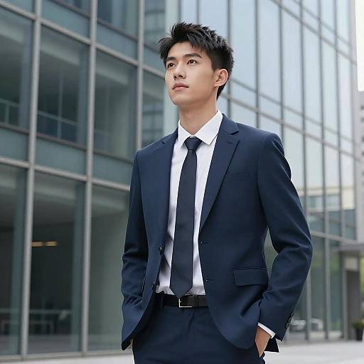 Confident Young Man in Navy Blue Suit Outdoors