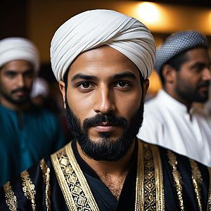 Man in Traditional Arab Attire with Turban and Robe