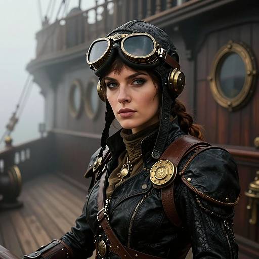 Steampunk Woman in Leather Jacket and Goggles on Vintage Ship
