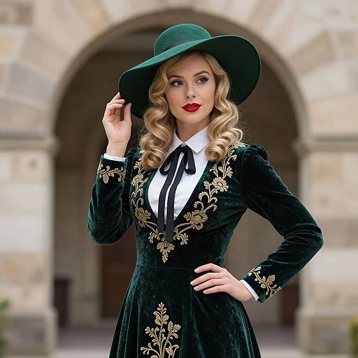 Elegant Woman in Green Velvet Embroidered Dress and Wide-Brimmed Hat