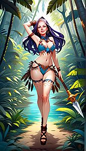 Fantasy Warrior Woman in Tribal Outfit Walking in Tropical Jungle