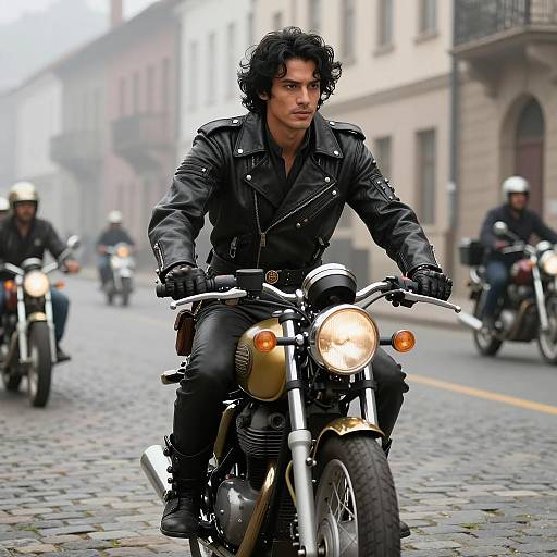 Man Riding Vintage Motorcycle in Black Leather Jacket on Cobblestone Street