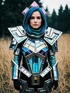 Woman in Futuristic Bismuth Cosplay Armor with Blue Hair