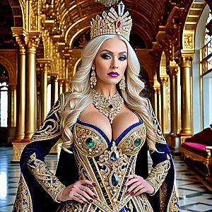 Regal Woman in Royal Blue Gown in Opulent Hall