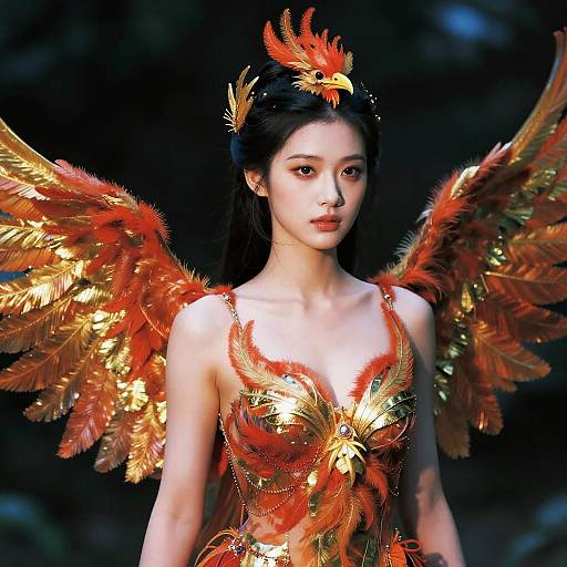 Fantasy Phoenix Costume Woman with Red and Gold Feather Wings