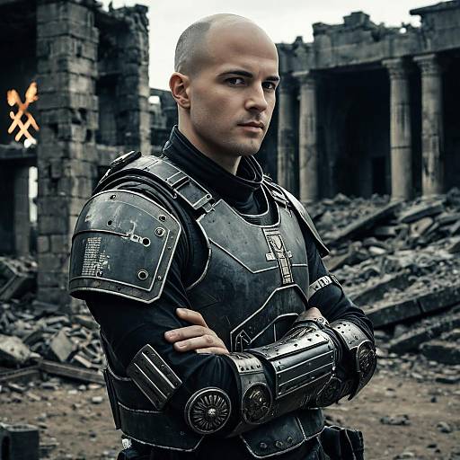 Man in Futuristic Medieval Armor Standing in Ruined Stone Fortress