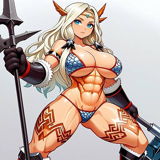 Muscular Anime Woman Warrior with Spear and Tribal Tattoos