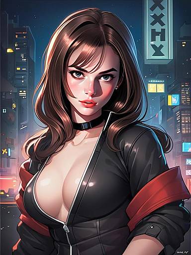 Cyberpunk Style Digital Artwork of a Confident Woman in Neon City