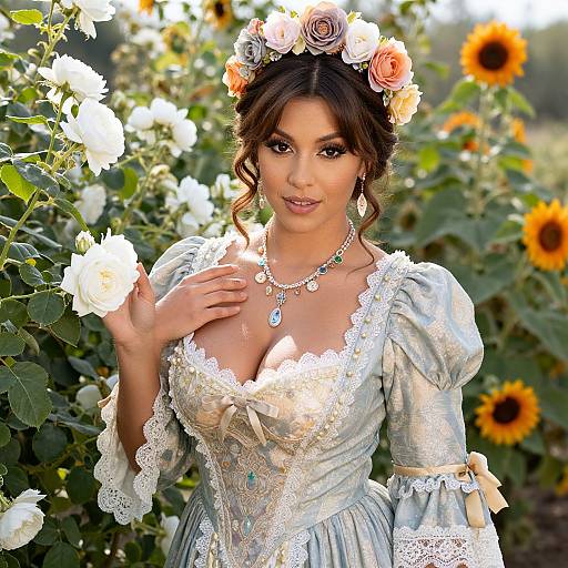 Woman in Vintage Lace Dress with Floral Crown in Rose and Sunflower Garden