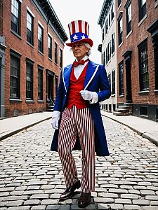 Patriotic Man in Colorful Costume on Cobblestone Street