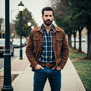 Tall Man Wearing Brown Jacket and Blue Plaid Shirt with Jeans on City Sidewalk