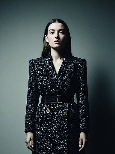 Photorealistic Fashion Portrait of Woman in Designer Speckled Coat Dress