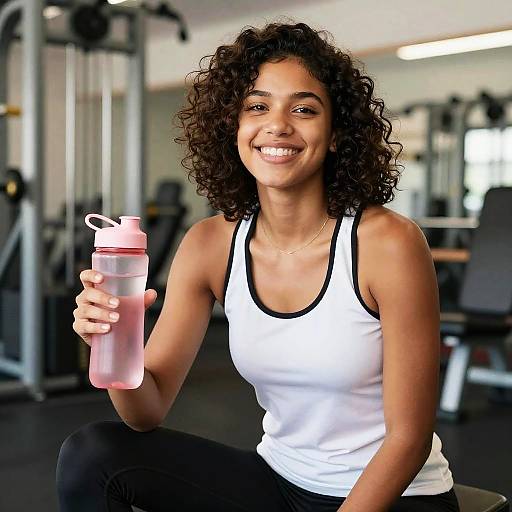 Smiling Woman Holding Water Bottle in Gym Workout Setting