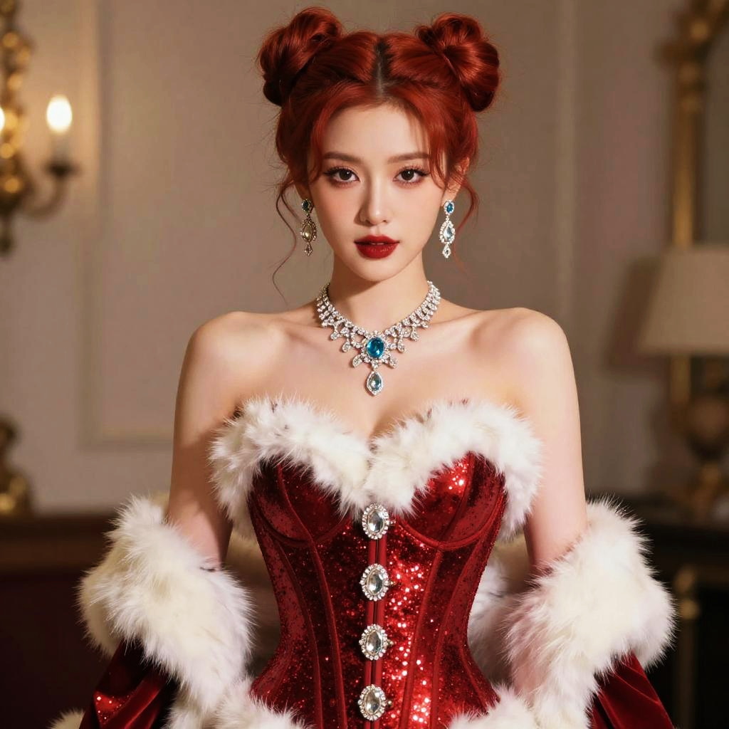 Glamorous Woman in Festive Red Sequined Corset with Fur Trim and Blue Gemstone Jewelry