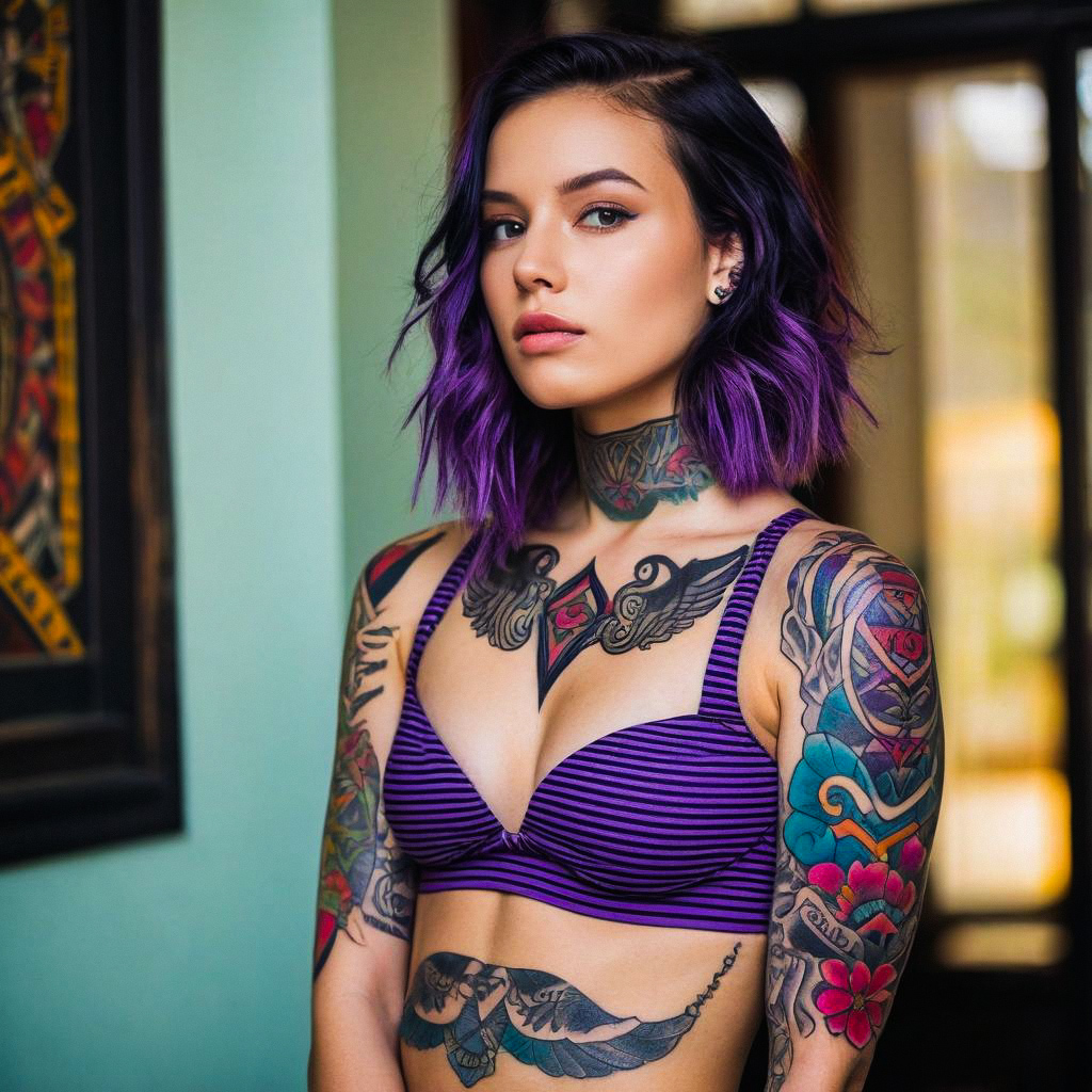 Confident Woman with Purple Hair and Colorful Tattoos Confident Woman with Purple Hair and Colorful Tattoos