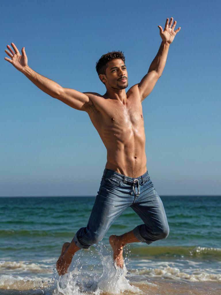 Shirtless man jumping on beach