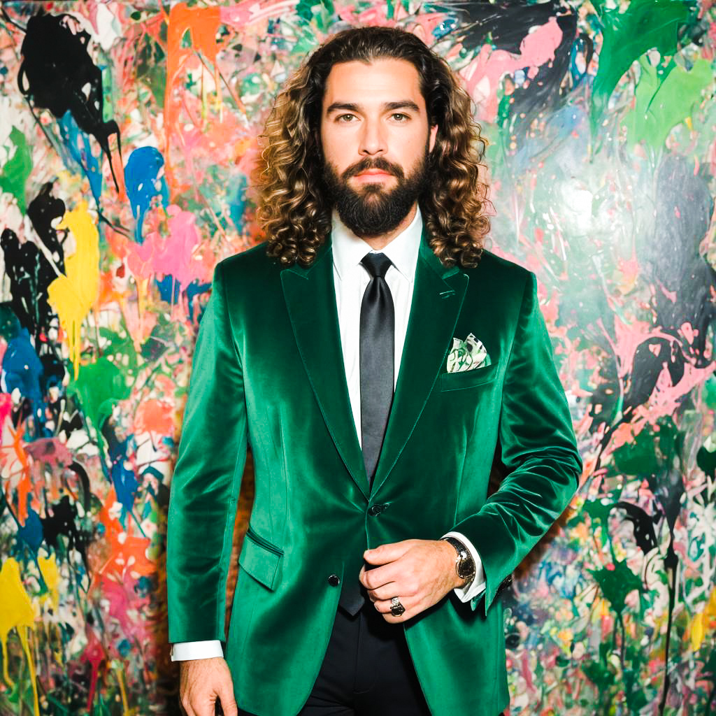 Confident Man in Green Velvet Suit