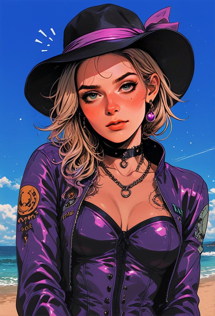 Stylish Woman in Purple Outfit with Hat Digital Anime Artwork