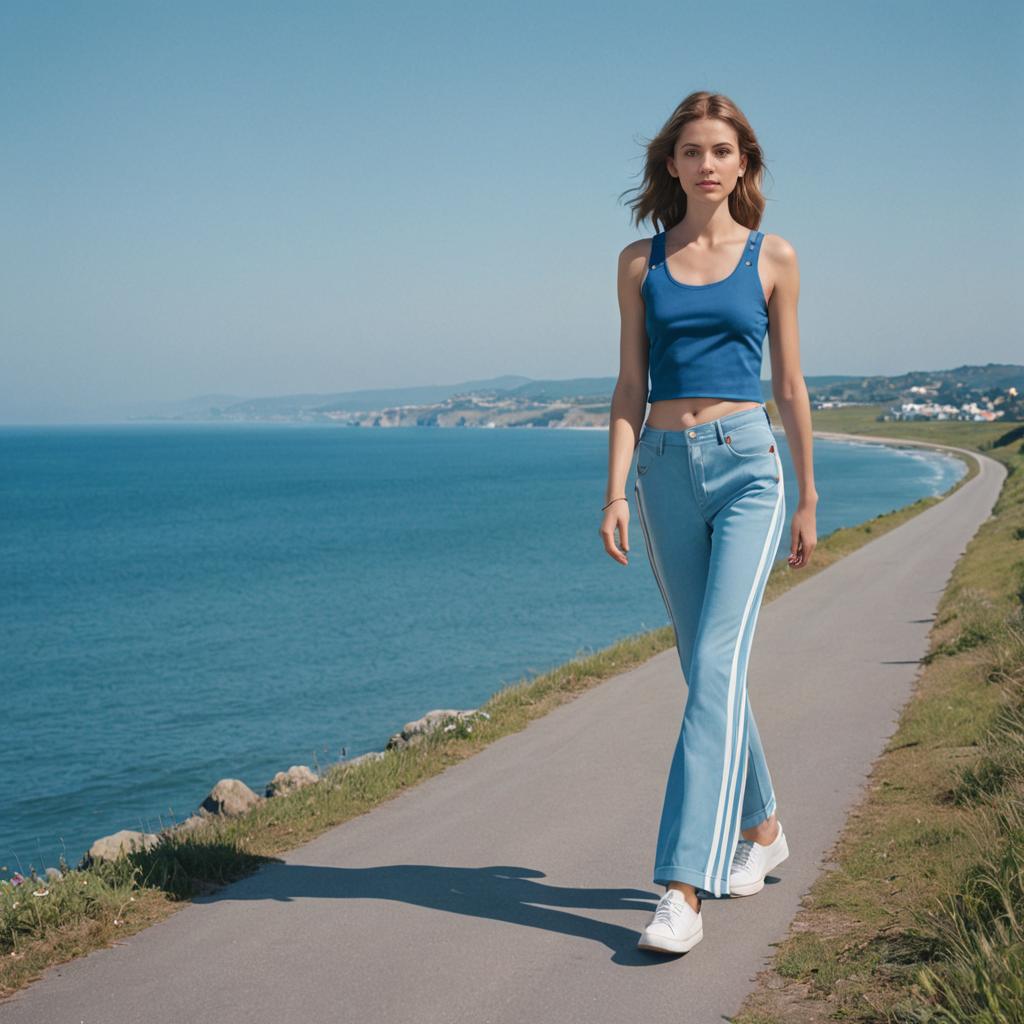 Woman Walking Coastal Pathway with Ocean View