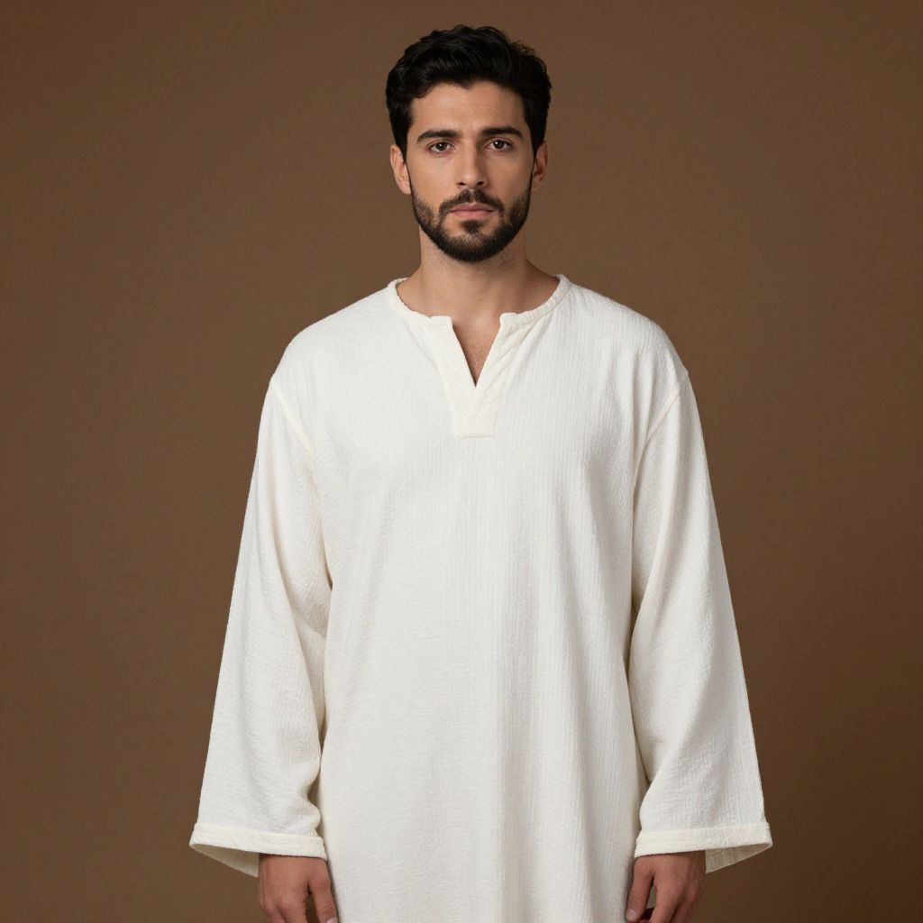 Man Wearing White Loose Tunic on Brown Background