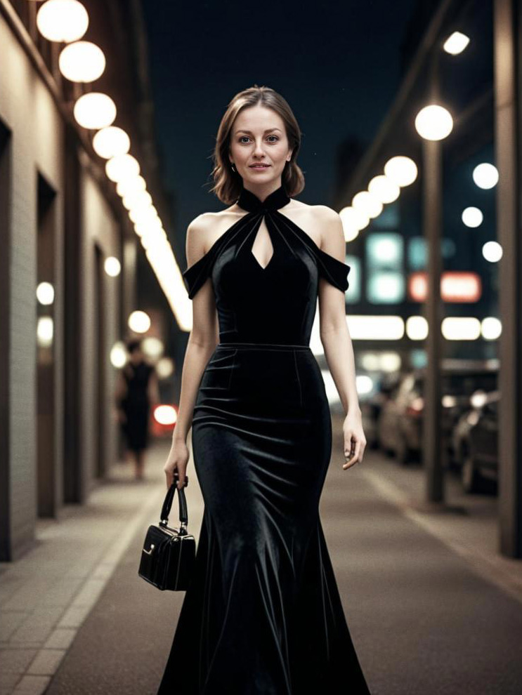 Elegant Woman in Black Gown at Night