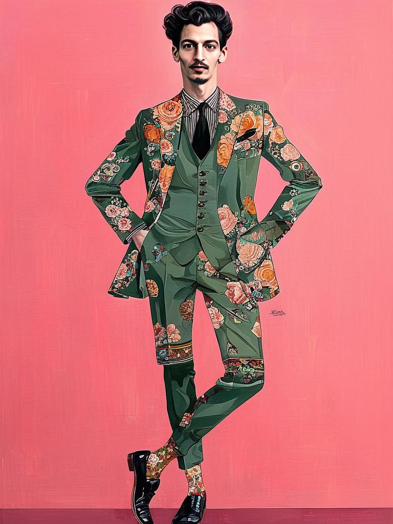 Confident Man in Green Floral Suit