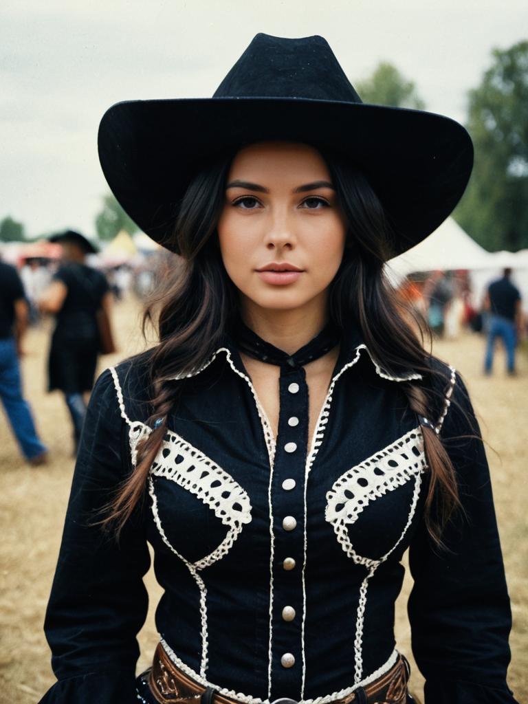 Woman in Black Cowgirl Costume at Festival Cosplay Portrait